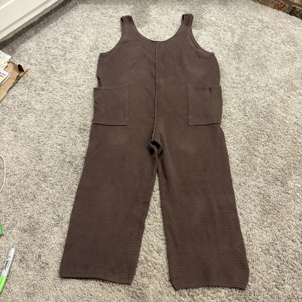 Free People Beach Knit Sleevless Jumpsuit Women's Large Comfy Baggy Cute Brown